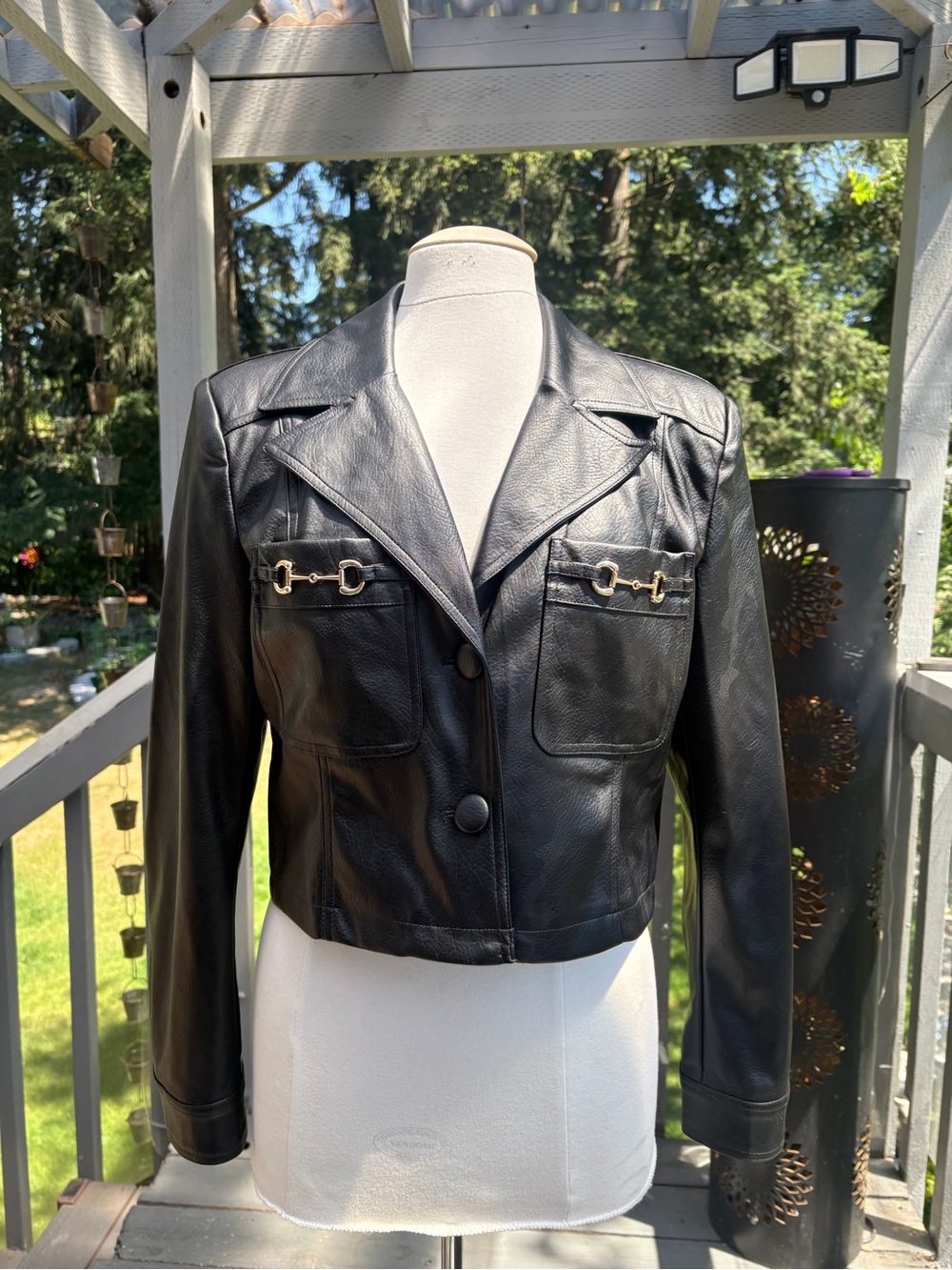 Avec Les Filles Black Cropped Leather Jacket with Gold Buckle Detail